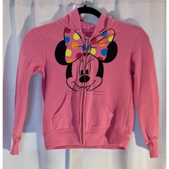 Disney Other - Girls Minnie Mouse Disney Pink Polka Dot Bow Zip up Hoodie size Medium 7/8